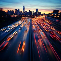 city traffic on an urban highway during evening rush hour, with car headlights and dynamic night transport highlighted by motion blur and long exposure