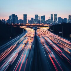 Obraz premium city traffic on an urban highway during evening rush hour, with car headlights and dynamic night transport highlighted by motion blur and long exposure