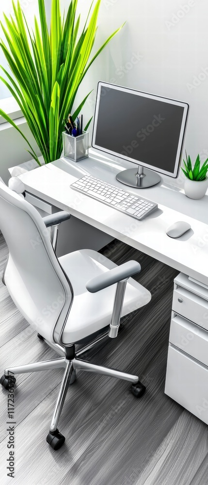 Poster modern workspace setup with computer and chair home office digital environment minimalist design aes