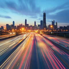Obraz premium city traffic on an urban highway during evening rush hour, with car headlights and dynamic night transport highlighted by motion blur and long exposure