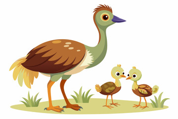 Emu and her two chicks in front of a white background