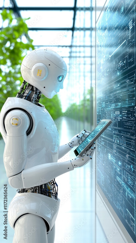 Aufkleber robotic interaction with digital display futuristic office technology content indoor environment clo