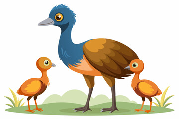 Emu and her two chicks in front of a white background