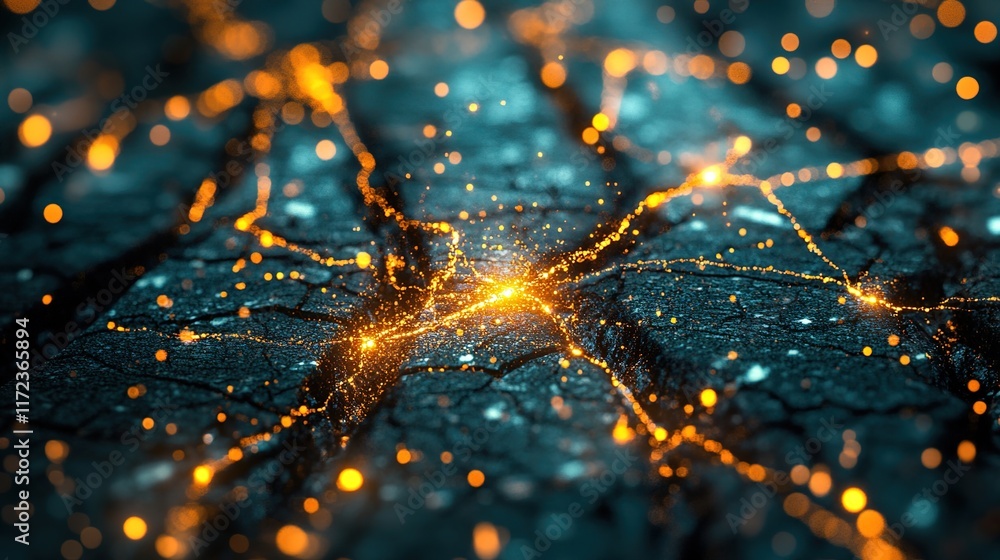 Poster glowing connections on dark surface with sparkling effects and texture