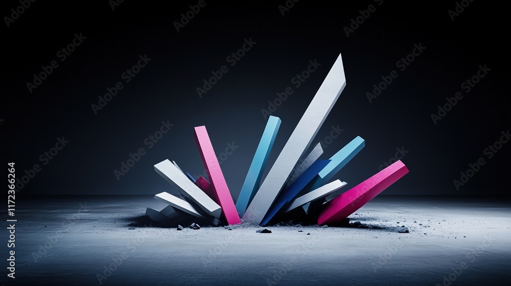 Poster dynamic colorful shapes erupting from ground in dramatic setting