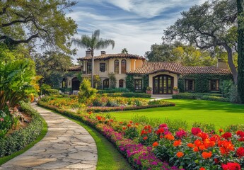 A majestic Italian-style mansion with large flower gardens and winding cobblestone paths leading to the front door, with lush green grass and colorful flowers in full bloom