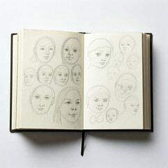open sketchbook with pencil drawings of faces on white background