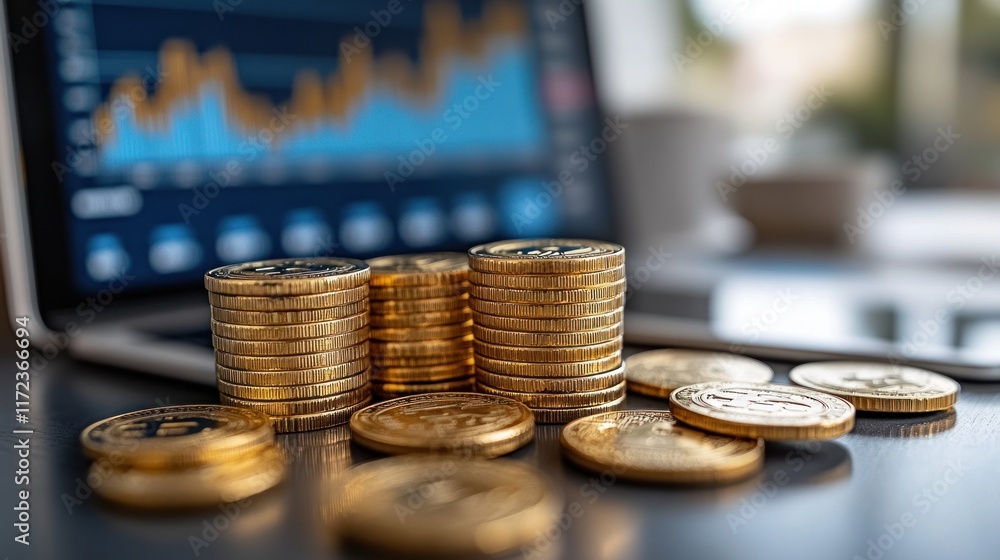 Poster stacked coins with a financial graph in the background symbolizing investment