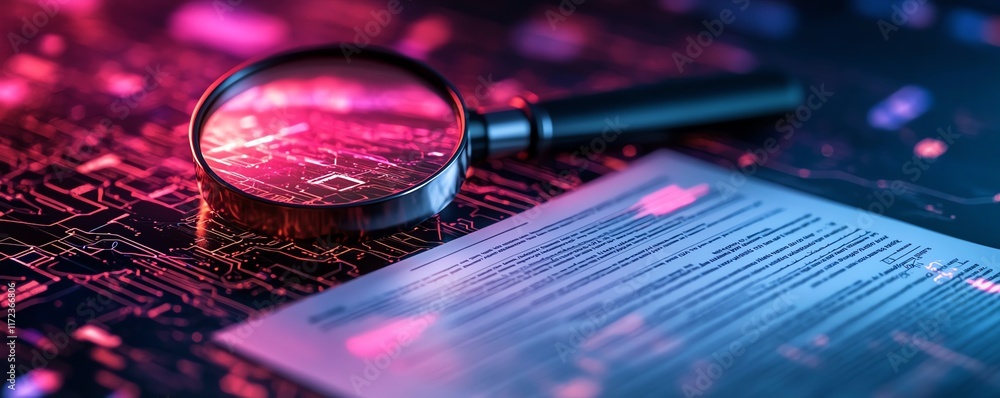 Poster it security risk assessment concept, with a magnifying glass zooming in on a document, surrounded by