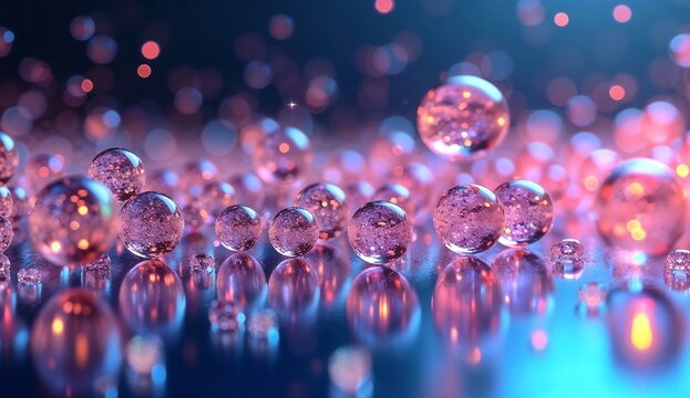 "An intricately designed scatter plot, with each point represented by a colorful, transparent sphere that casts vibrant reflections on a glossy surface."
