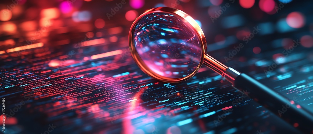 Poster it security risk assessment concept, with a magnifying glass zooming in on a document, surrounded by
