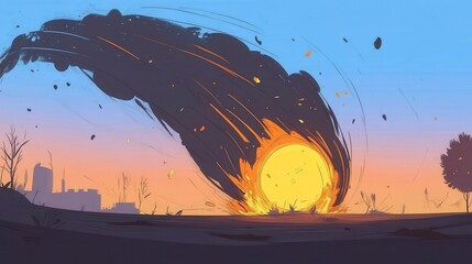 Dramatic Sunset Landscape with Swirling Fire and Smoke Artistic Illustration