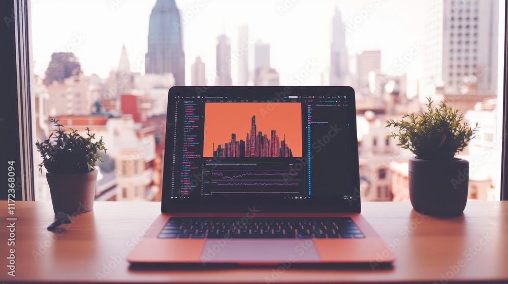 Poster modern laptop displaying cityscape data analytics on desk near window