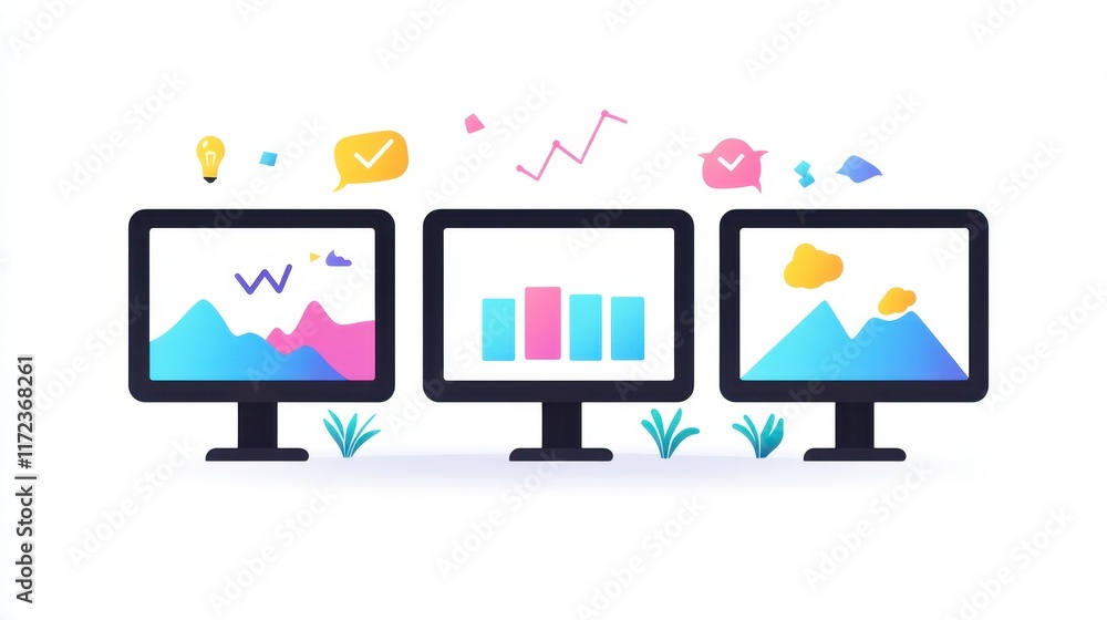 Poster triple monitor setup displaying data analysis charts and visuals for business