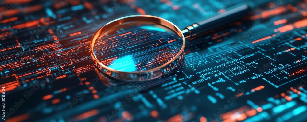 Poster it security risk assessment concept, with a magnifying glass zooming in on a document, surrounded by