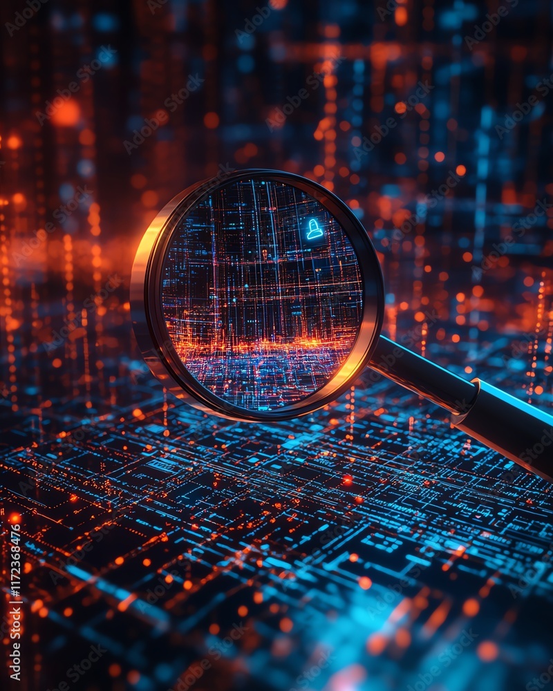 Poster it security risk assessment depicted with a magnifying glass on a document, framed by an abstract te