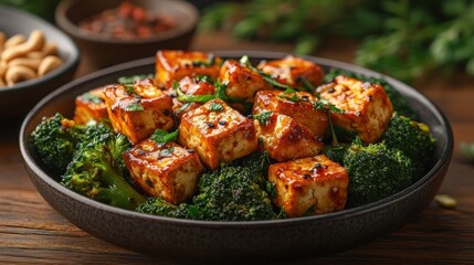 Delicious stir-fried broccoli with marinated tofu in a bowl