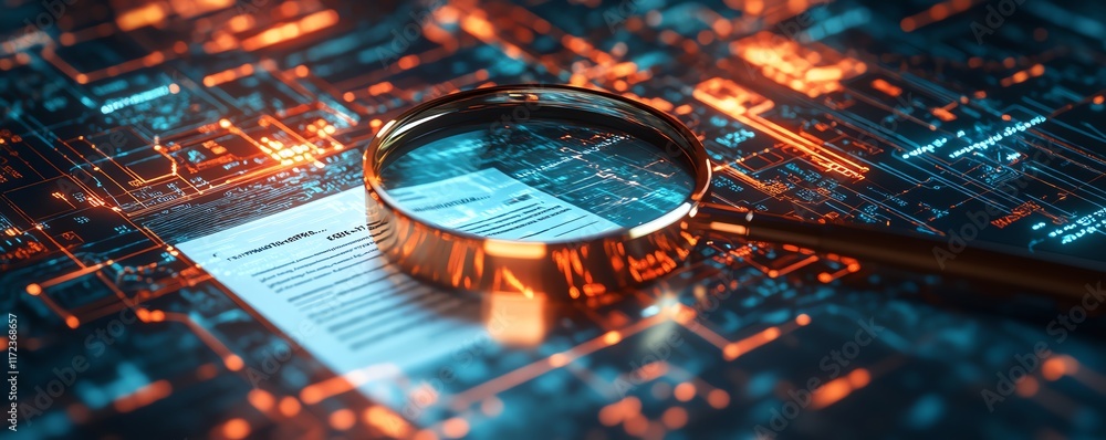 Poster it security risk assessment concept, with a magnifying glass zooming in on a document, surrounded by