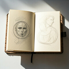 close up of open sketchbook with pencil drawings of faces on white background with sunlight.