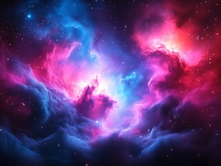 Vibrant nebula with pink and blue cosmic clouds.