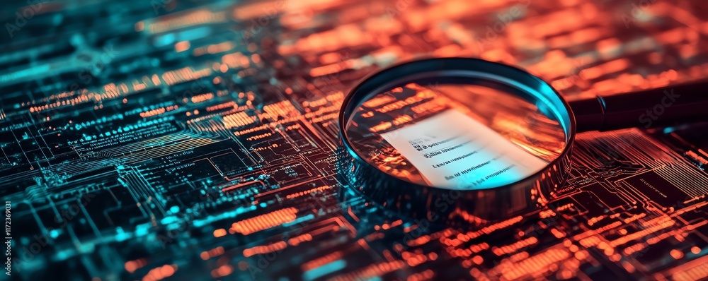Poster it security risk assessment concept, with a magnifying glass zooming in on a document, surrounded by