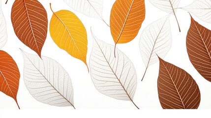 A pattern of colorful leaves in autumn hues on a white background.