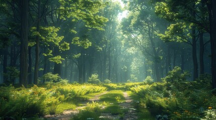 Obraz premium Serene Forest Path Lush Greens Sunlight Magical Trail