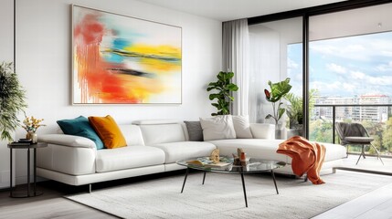 Modern living room design with colorful artwork urban apartment interior photography bright environment wide angle view