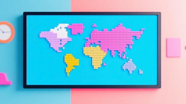 Colorful Pixelated World Map on Display Global Connectivity Concept Modern Design - Powered by Adobe