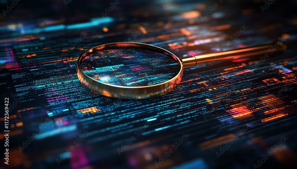 Poster it security risk assessment depicted with a magnifying glass on a document, framed by an abstract te