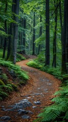 Obraz premium Serene Forest Path Winding Trail Lush Greenery Tall Trees Nature Walk Hiking Outdoors Tranquil
