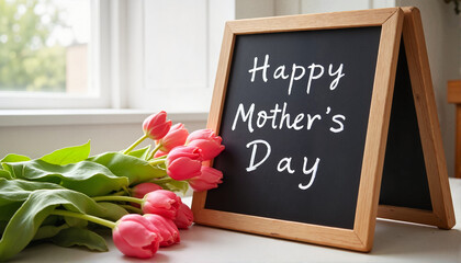 Happy Mother's Day chalkboard with pink tulips