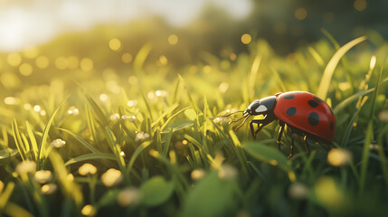 ladybug crawls gracefully on lush green grass, basking in sunlight