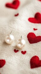 Obraz premium Pearl Earrings Resting on Fabric with Hearts