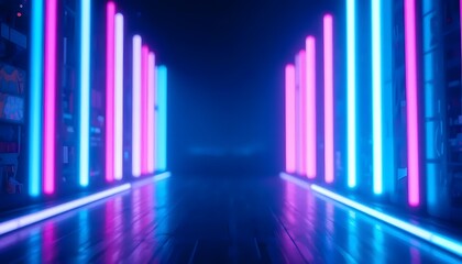 Vibrant neon lights in blue and pink against a dark background, creating a futuristic and energetic atmosphere. Ideal for use in nightlife, music events, or digital art projects.