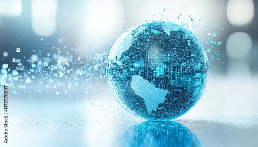 Poster minimalistic blue glass globe on a white surface, with small digital blocks and flowing data lines c