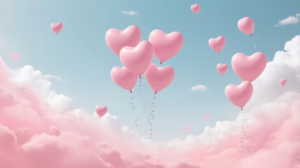 Beautiful a pastel pink wallpaper with heart-shaped balloons in the colorful clouds sky background design.