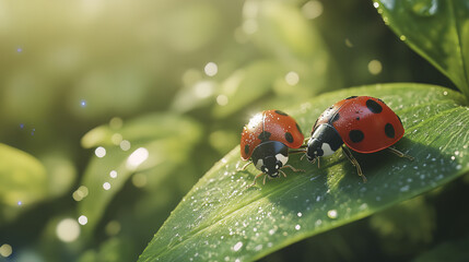 Obraz premium pair of ladybugs resting on vibrant green leaf, glistening with dew