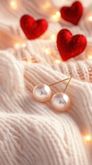 Pearl Earrings Resting on Soft Knit Fabric with Hearts