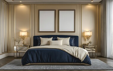 Luxurious bedroom interior design, elegant gold and blue decor, large bed, calm background, ideal for home decor magazines.