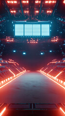 A large, futuristic arena features players competing in high-tech combat, surrounded by glowing obstacles and a digital scoreboard, creating an immersive gaming experience.