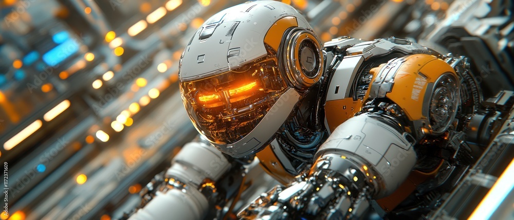 Poster futuristic robot with glowing eyes in a high-tech environment