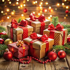 A collection of Christmas gifts wrapped in colorful paper with festive ribbons and bows