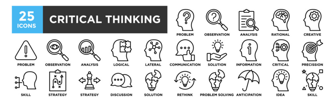 Critical Thinking icon collection set. Containing design Problem , Observation, Analysis, Rational, Creative, Good Communication