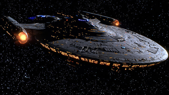 A large, futuristic warship drifts in deep space, showcasing glowing engines and advanced weaponry as it prepares for an intergalactic battle, set against a starry backdrop.