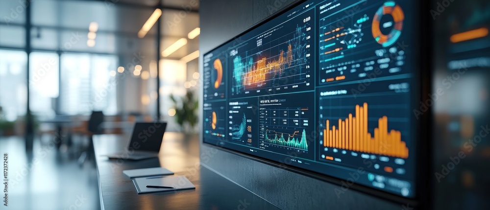 Aufkleber modern office space featuring a data analytics dashboard on a large screen