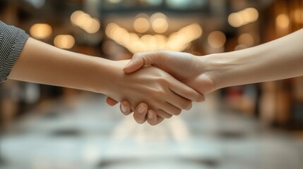 Business handshake, indoor mall, partnership, success.