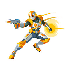 A flat illustration of a space ranger character holding a laser gun 

