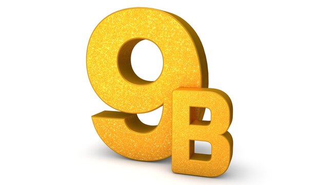 9B 3D isolated with gold shade Color on white background, 3D illustration Billion signs