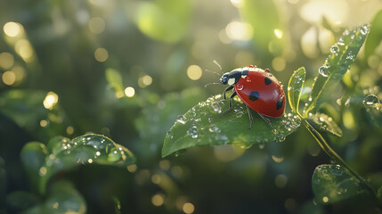tiny red ladybug perched on dewy green leaf, surrounded by nature beauty